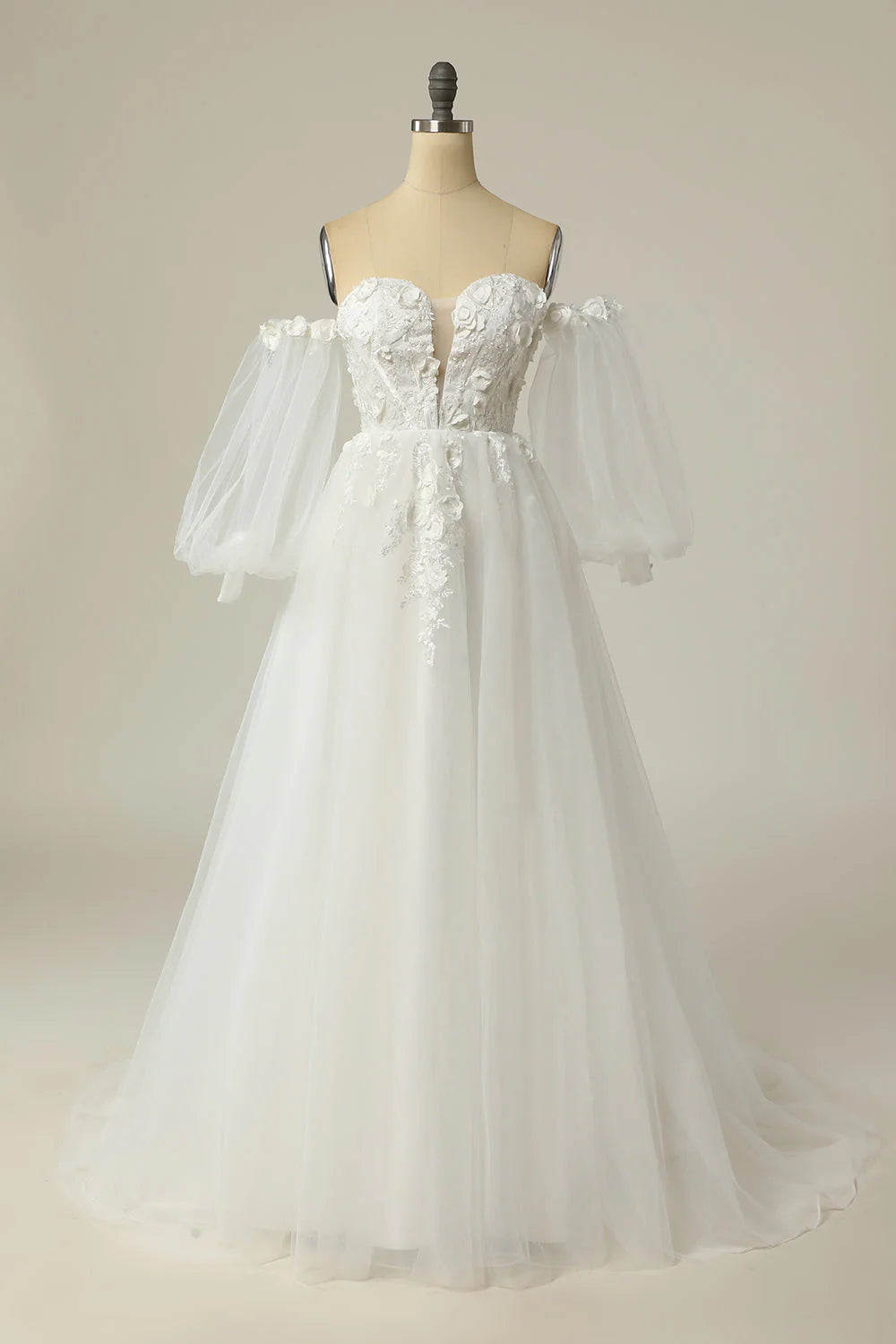 A Line Off the Shoulder Wedding Dress with Long Sleeves Pure Color