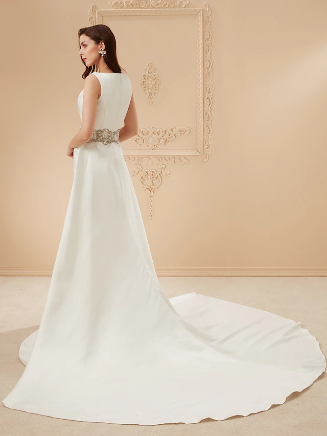 Long Wedding Dresses Bateau Neck Cathedral Train Satin Regular Straps Vintage Inspired