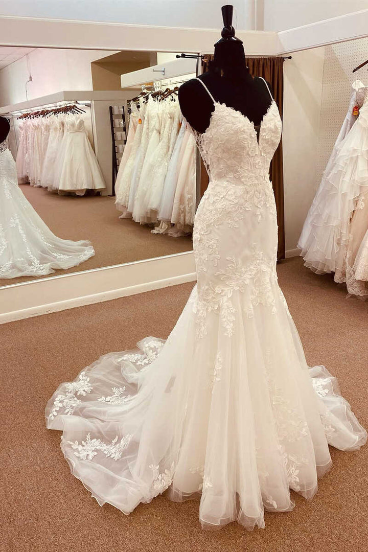 White Lace Straps Backless Trumpet Long Wedding Dress Sexy