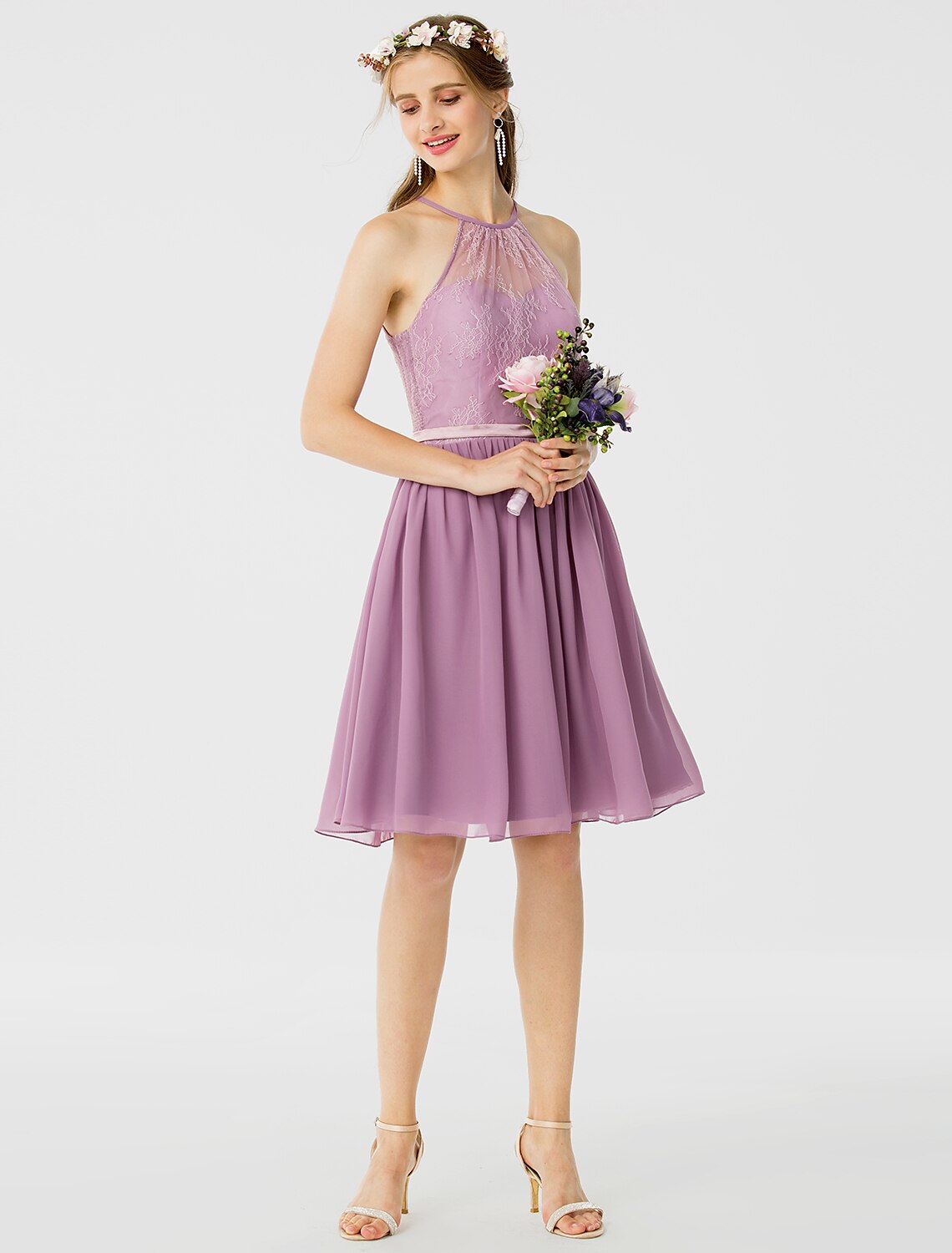 A-Line / Princess Halter Neck Knee Length Chiffon / Corded Lace Bridesmaid Dress with Sash