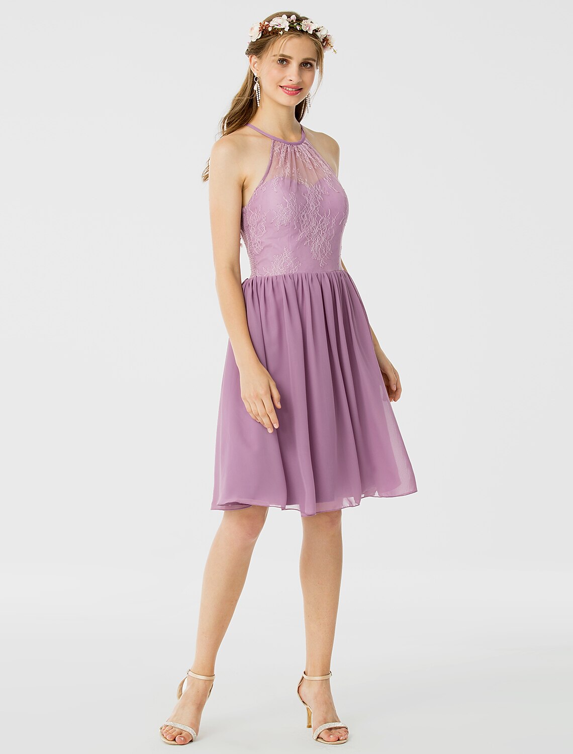 A-Line / Princess Halter Neck Knee Length Chiffon / Corded Lace Bridesmaid Dress with Sash