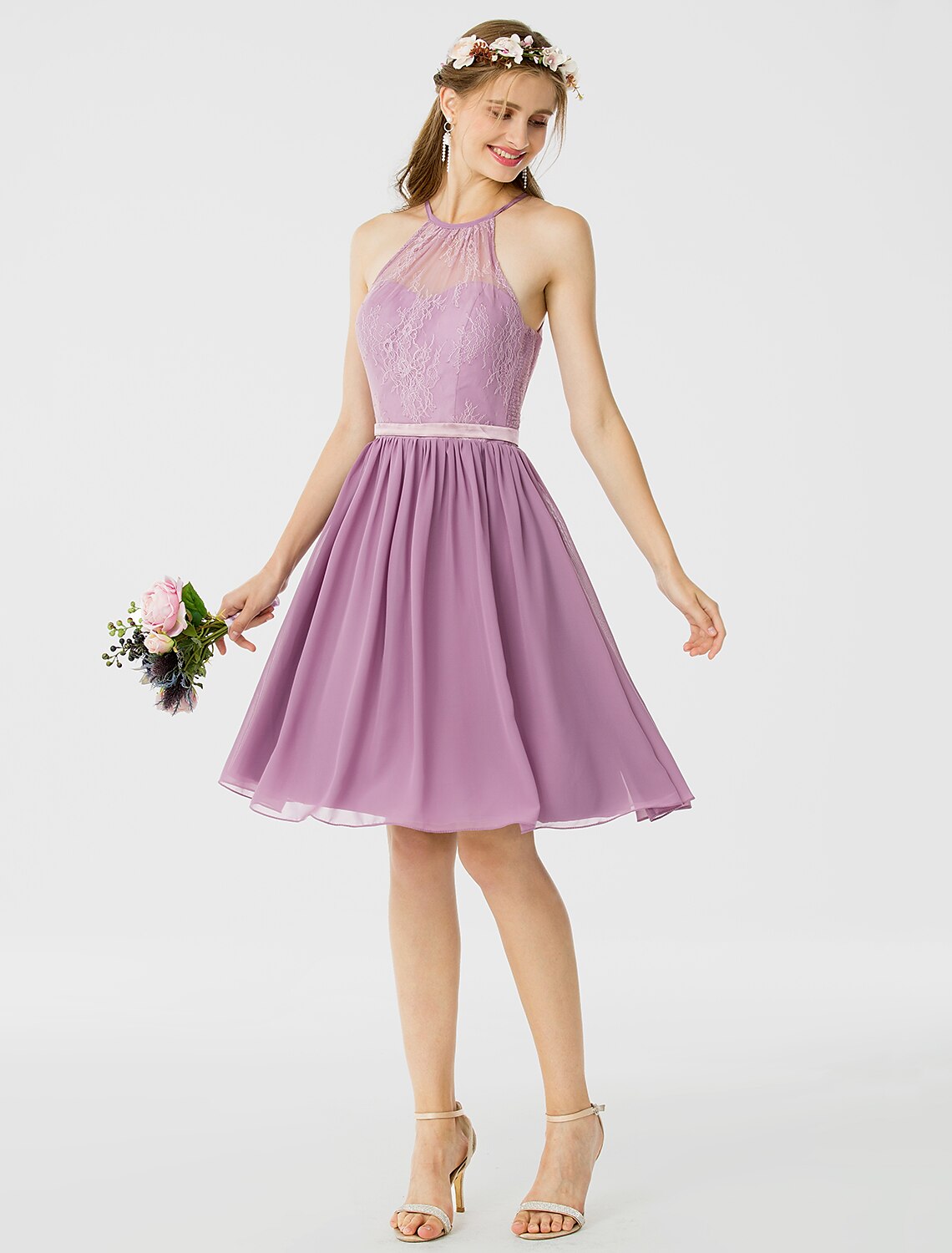 A-Line / Princess Halter Neck Knee Length Chiffon / Corded Lace Bridesmaid Dress with Sash