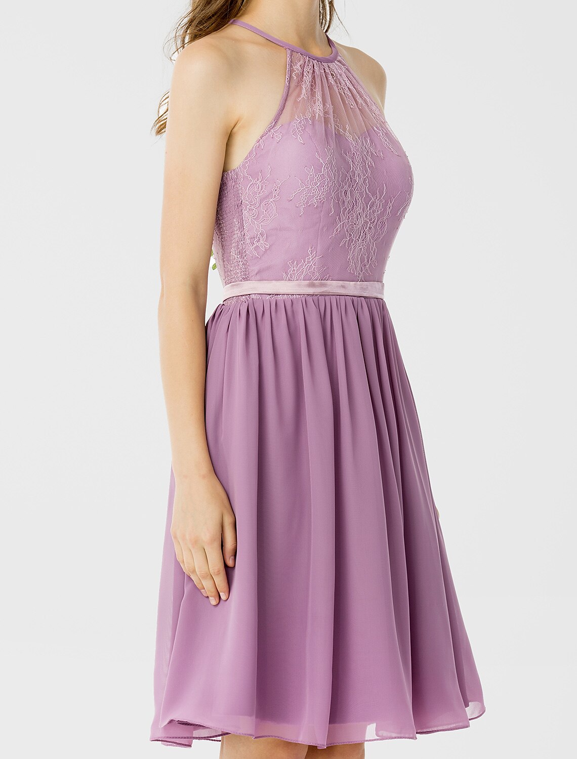 A-Line / Princess Halter Neck Knee Length Chiffon / Corded Lace Bridesmaid Dress with Sash