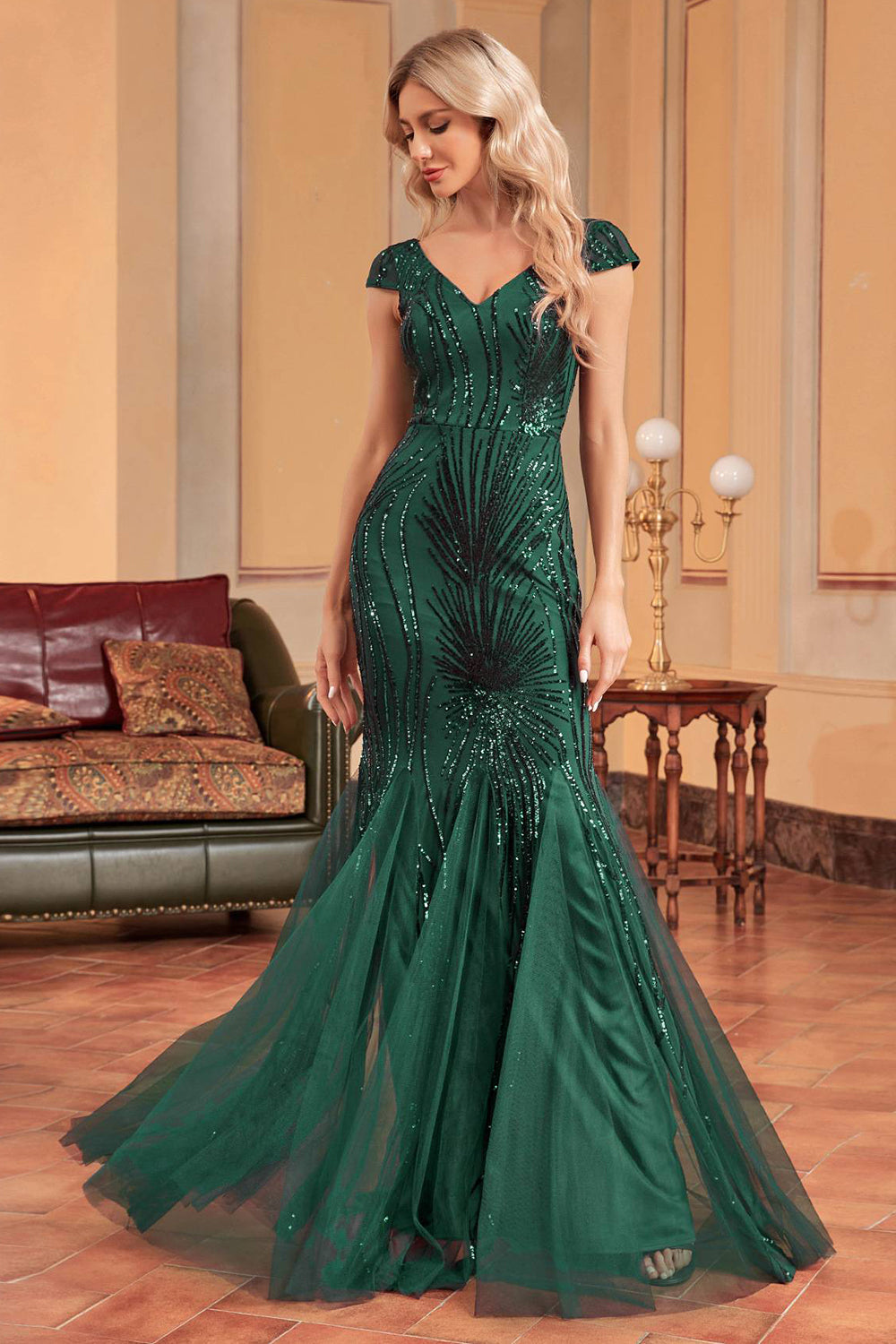 Glitter Dark Green Mermaid Long Appliqued Prom Dress Sparkly Evening Dresses