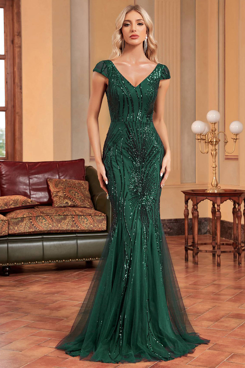 Glitter Dark Green Mermaid Long Appliqued Prom Dress Sparkly Evening Dresses
