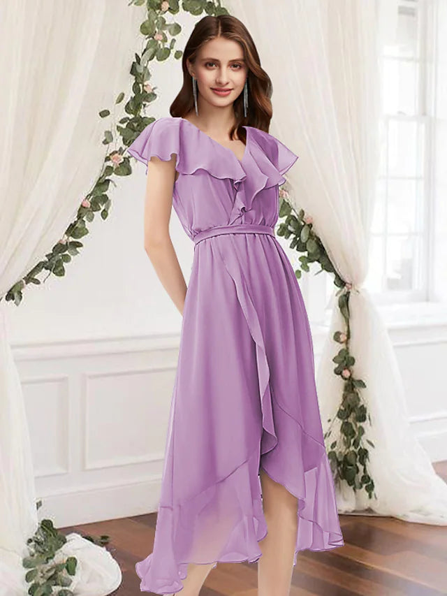 A-Line Bridesmaid Dress V Neck Sleeveless Elegant Asymmetrical Chiffon with Pleats Ruffles Pure Color