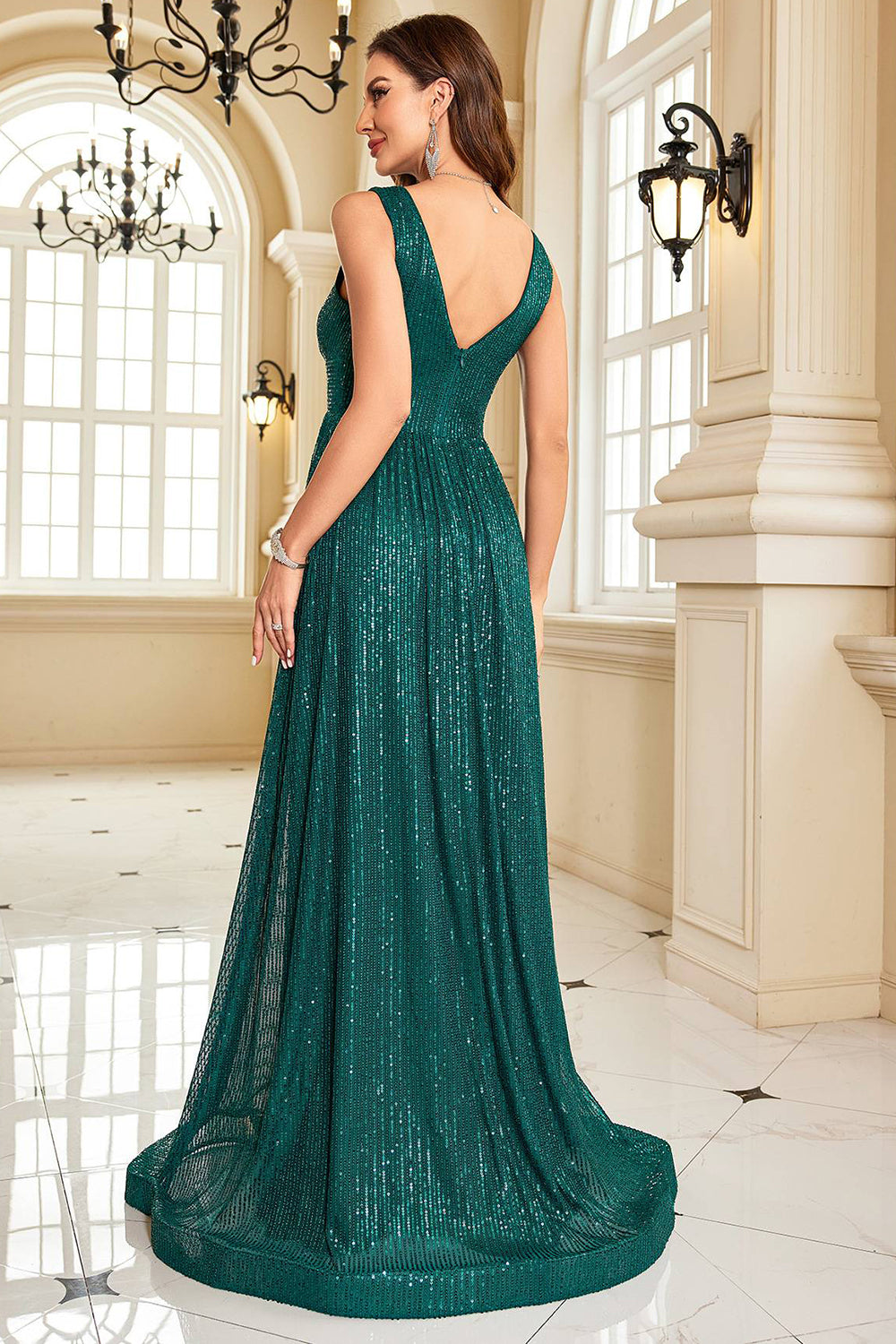 Glitter Dark Green Long Sequined Long Prom Dress Sparkly Evening Dresses