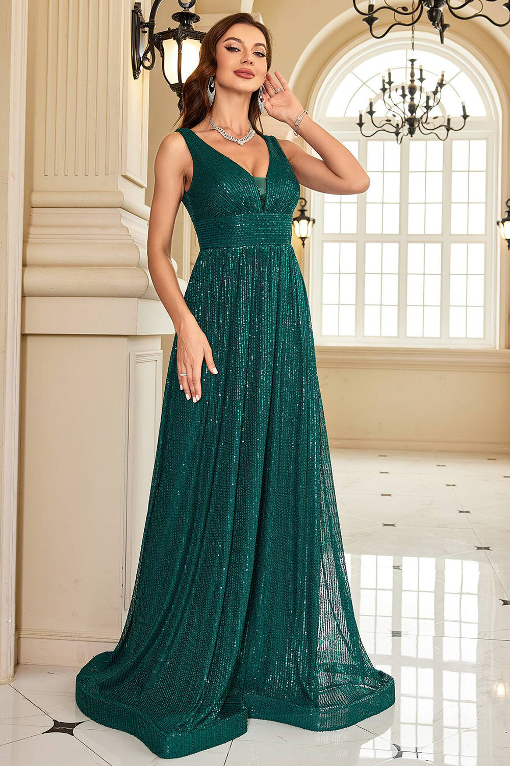 Glitter Dark Green Long Sequined Long Prom Dress Sparkly Evening Dresses