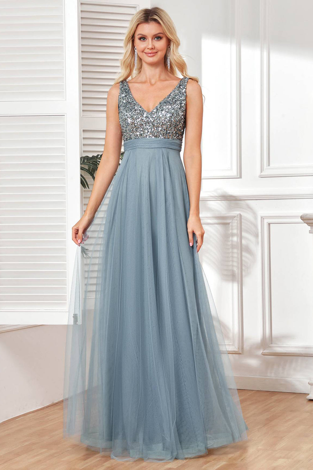 Sparkly Grey Blue Tulle Long Prom Dress Sparkly Evening Dresses