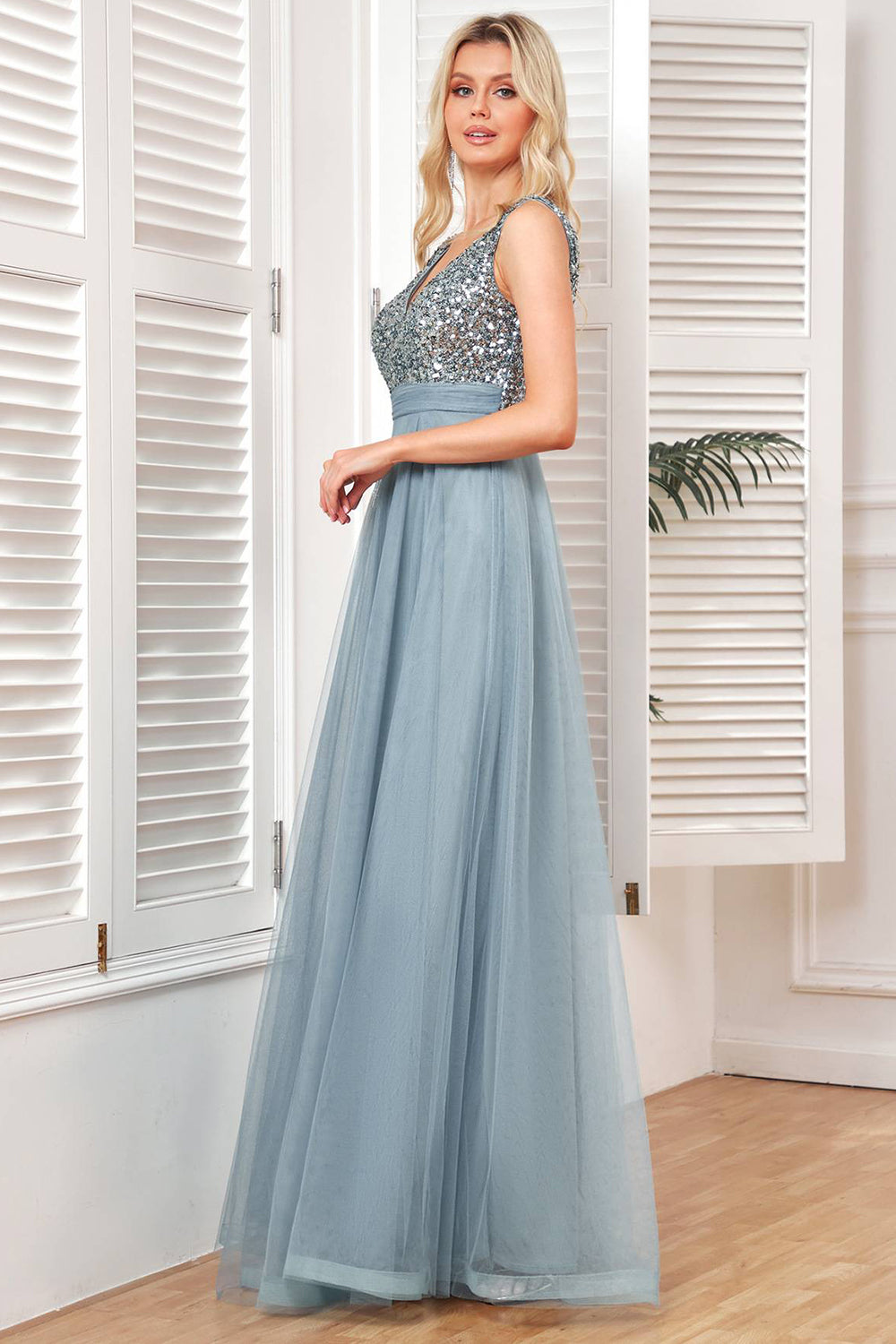 Sparkly Grey Blue Tulle Long Prom Dress Sparkly Evening Dresses