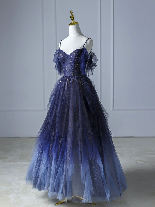 Blue Gradient Tulle Long Prom Dress Beautiful Spaghetti Strap Evening Party Dress Sexy