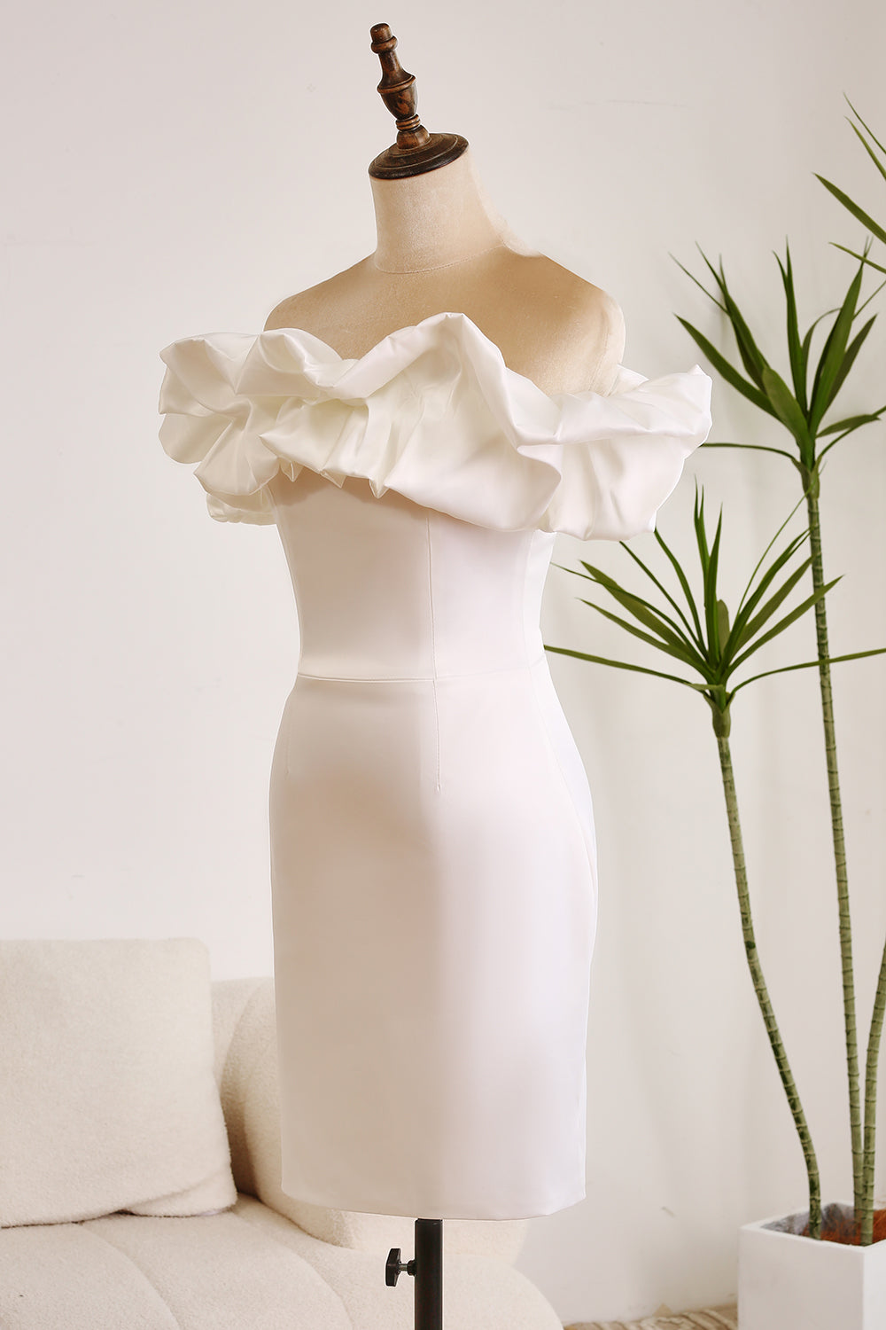 Classy Off The Shoulder Meringue Ruffle Bodycon White Short Graduation Dress Pure Color