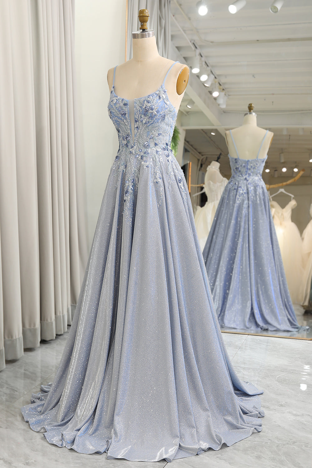 Glitter Grey Blue A-Line Spaghetti Straps Long Prom Dress With Appliques Sparkly Evening Dresses