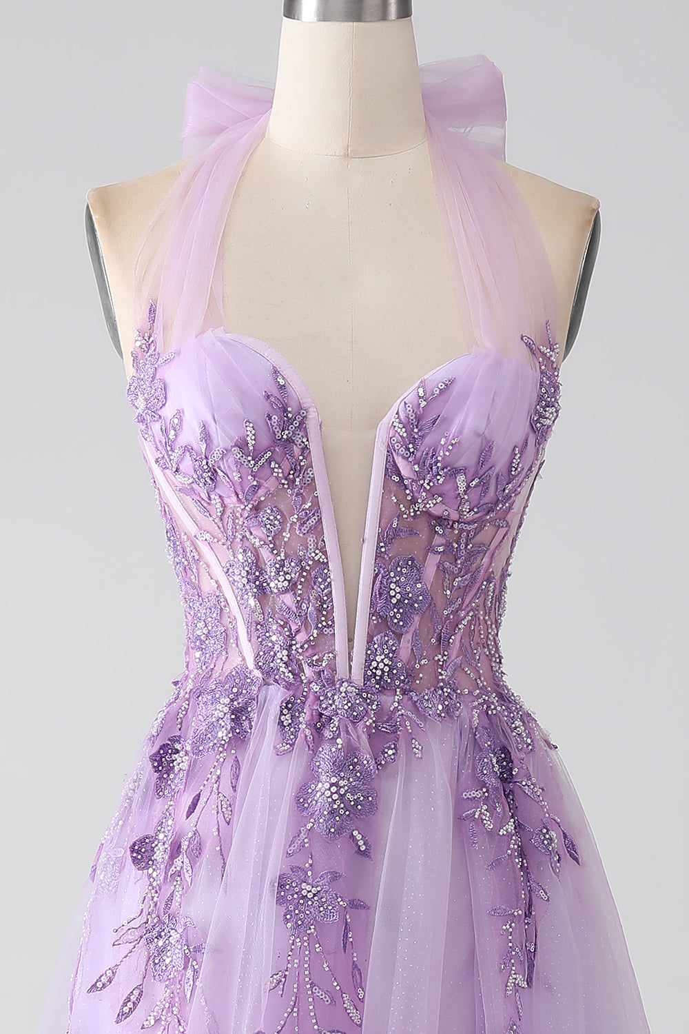 Purple A-Line Halter Neck Beaded Long Prom Dress V-neck With Slit