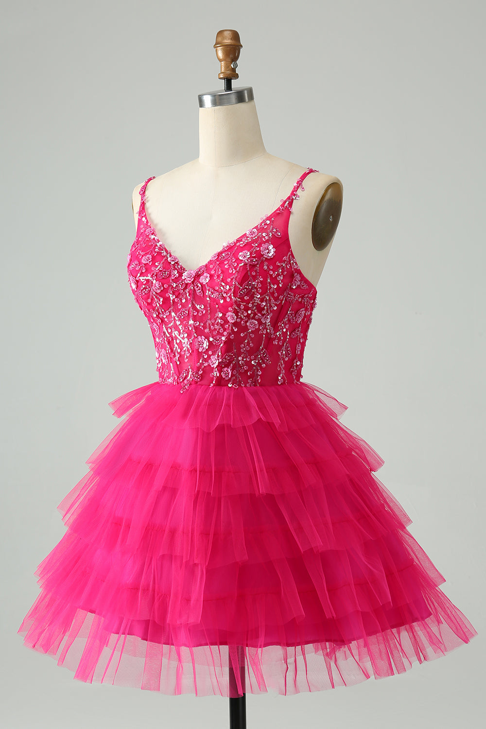 Cute A Line Spaghetti Straps Tiered Short Homecoming Dress with Sequins Beautiful
