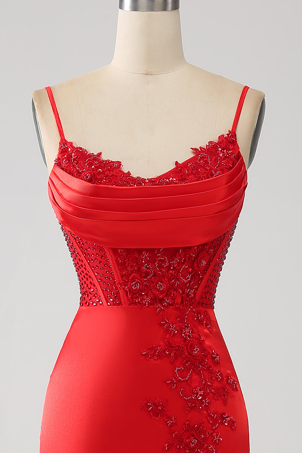Red Mermaid Spaghetti Straps Satin Beaded Prom Dress with Slit Sexy Evening Dresses