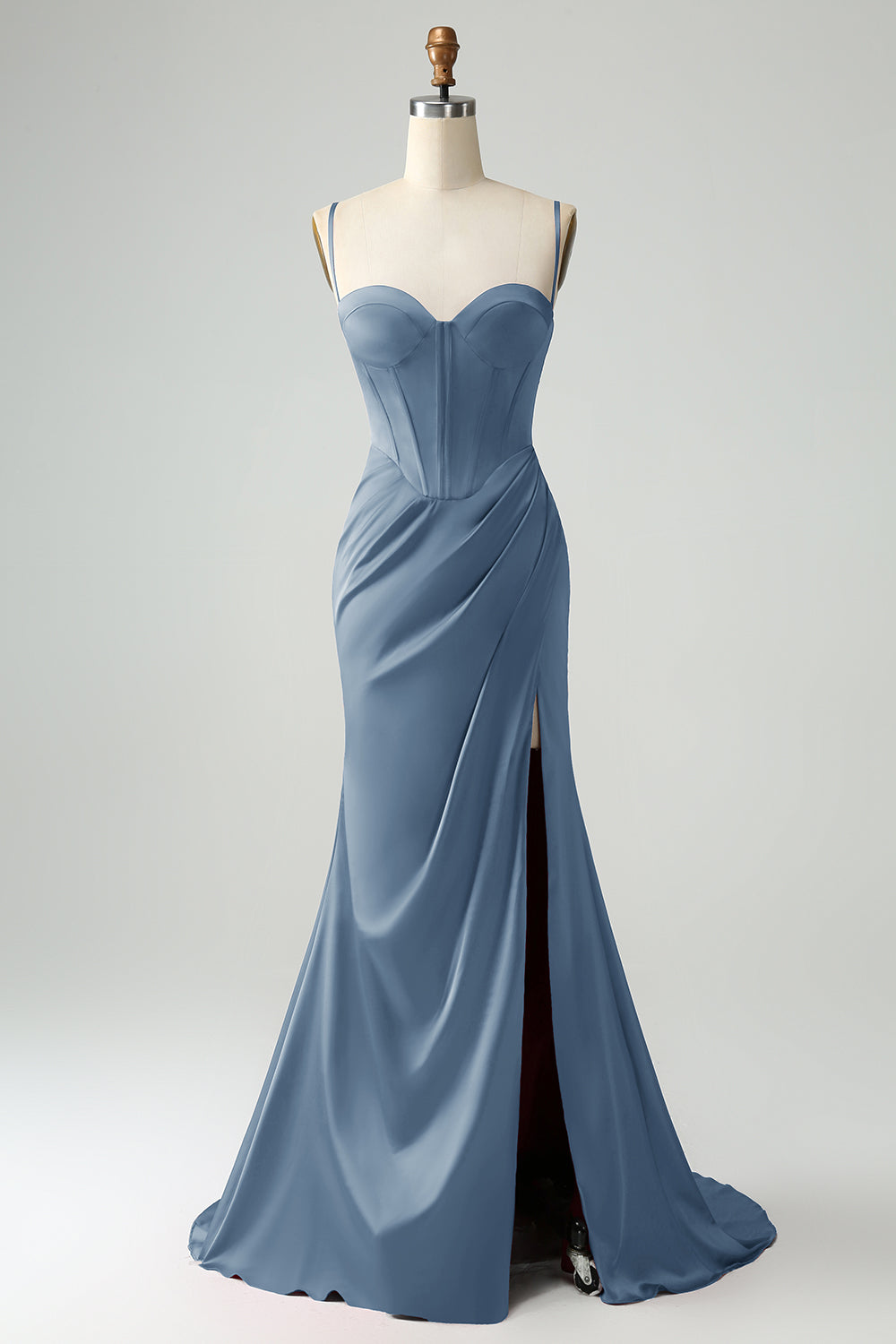 Mermaid Spaghetti Straps Pleated Corset Long Prom Dress With High Slit Sexy Evening Dresses