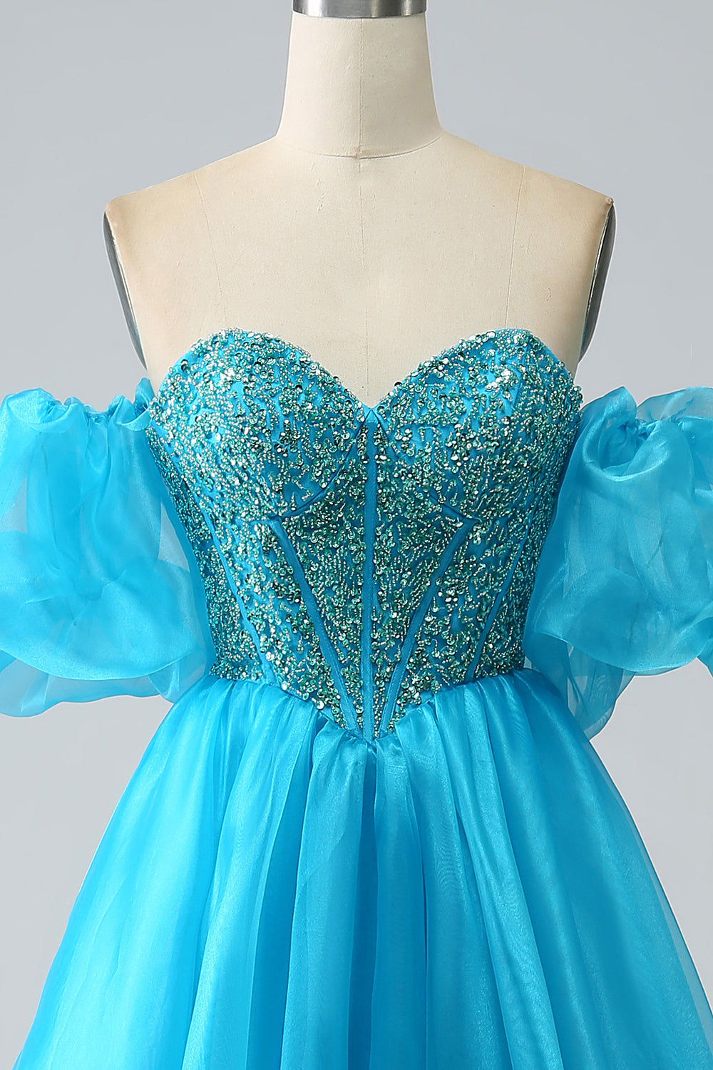 Blue Ball-Gown Sweetheart Beaded Corset Prom Dress with Detachable Sleeves Off Shoulder