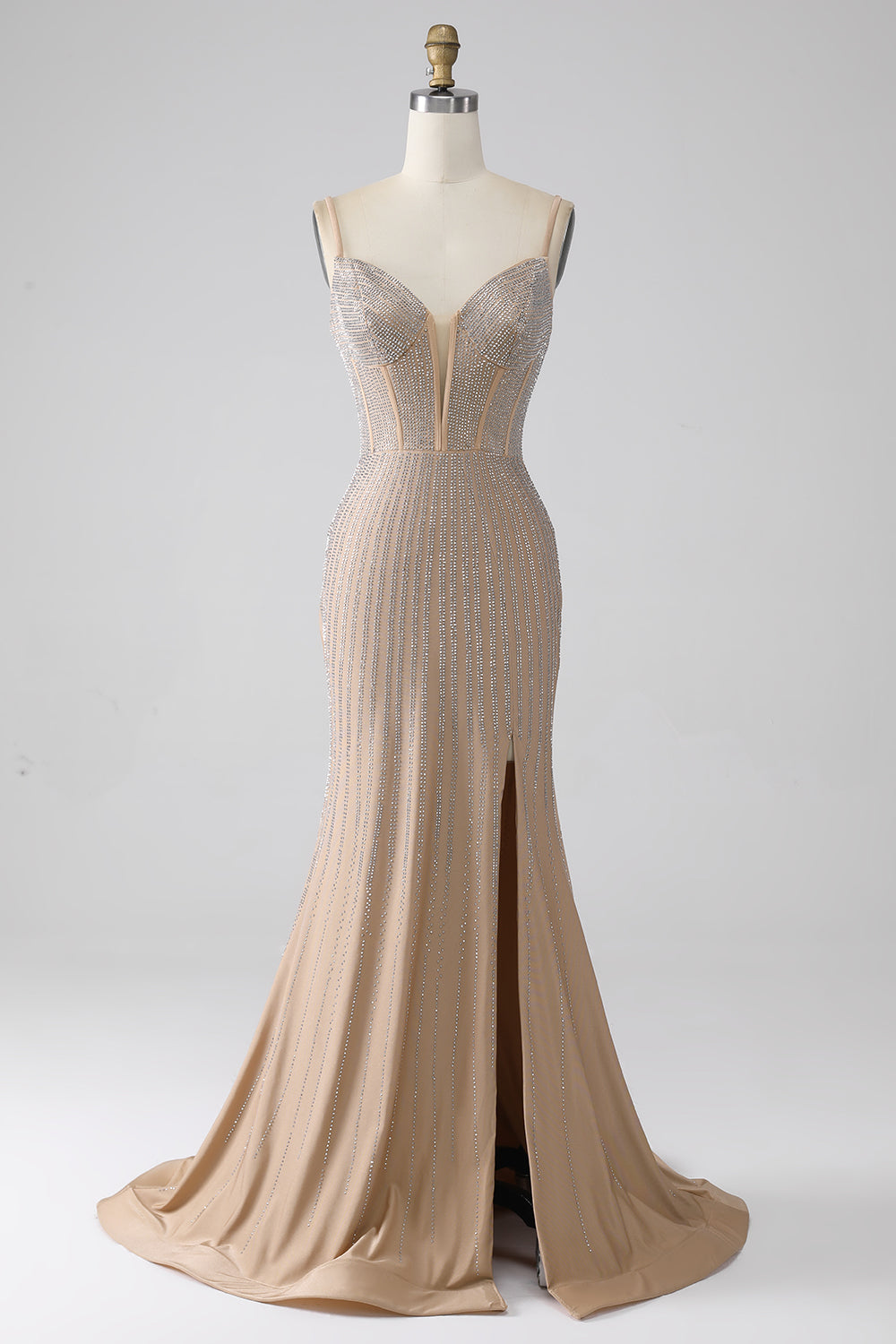 Sparkly Champagne Mermaid Spaghetti Straps Long Prom Dress with Slit Sexy Evening Dresses