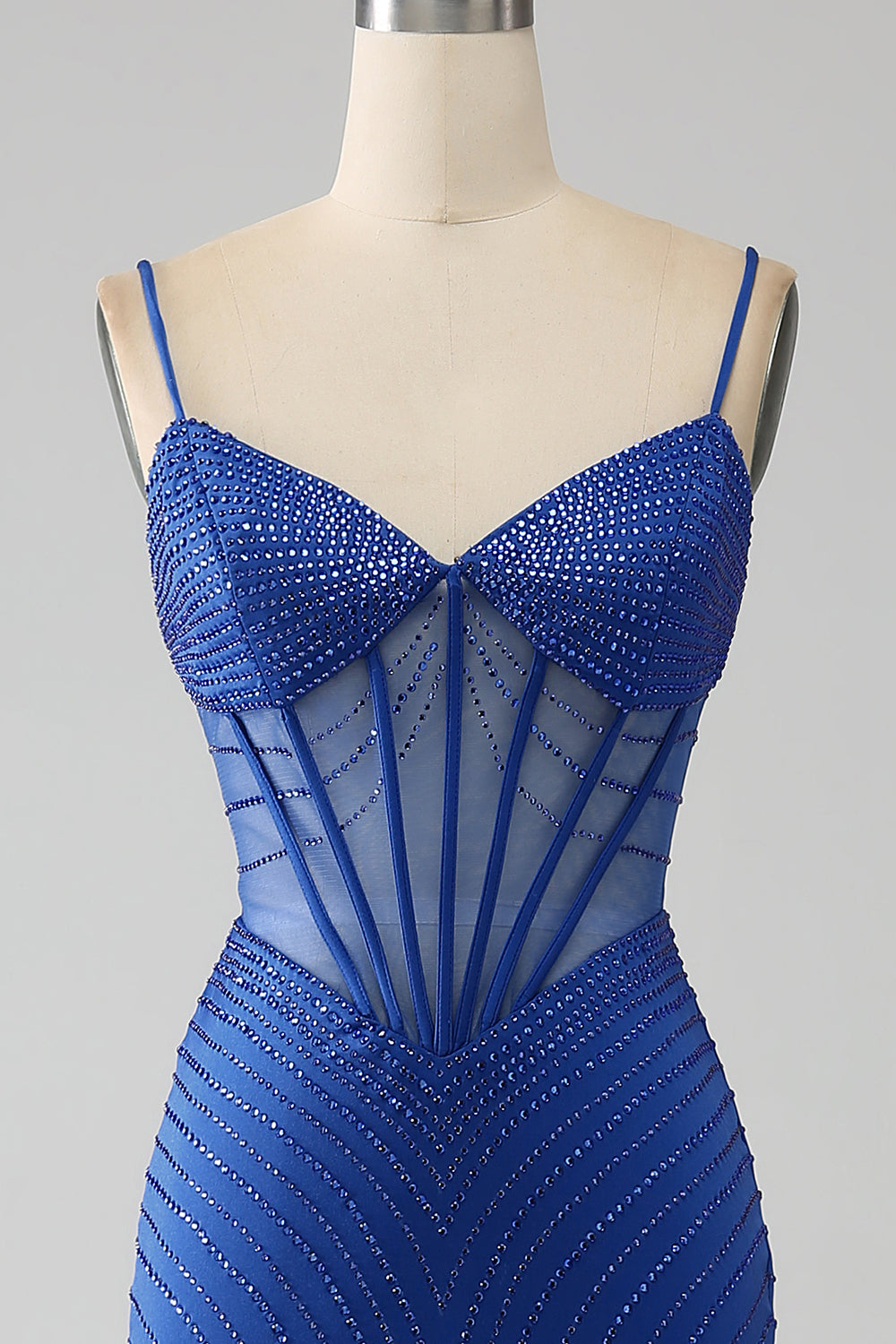 Royal Blue Mermaid Corset Sparkly Beaded Prom Dress with Slit Sexy Evening Dresses