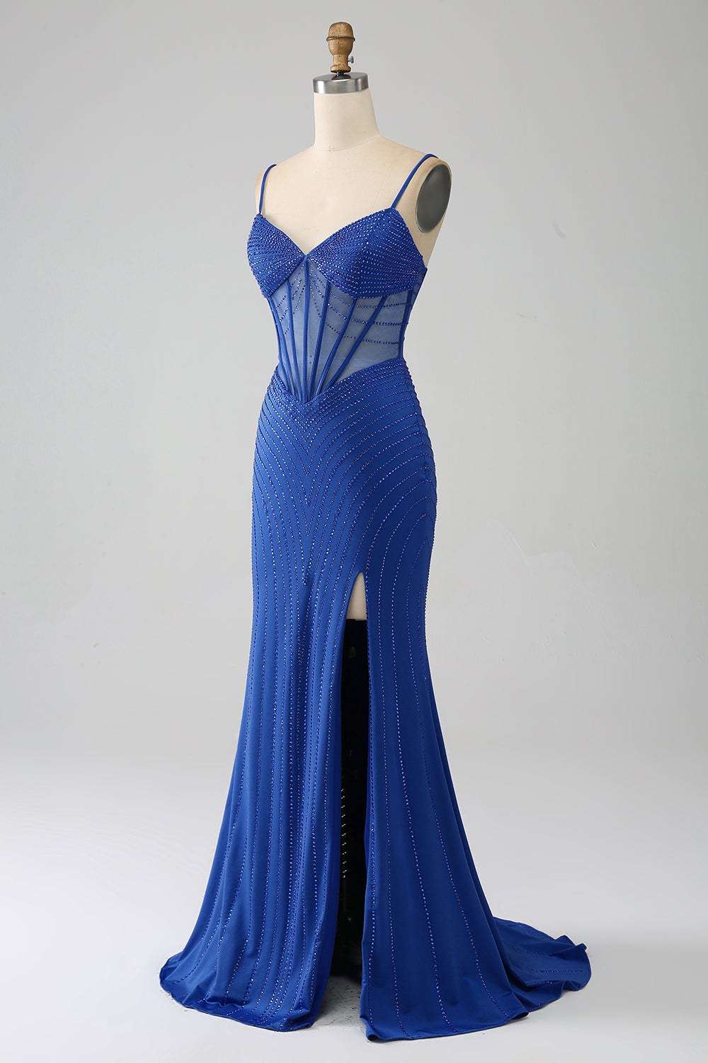 Royal Blue Mermaid Corset Sparkly Beaded Prom Dress with Slit Sexy Evening Dresses