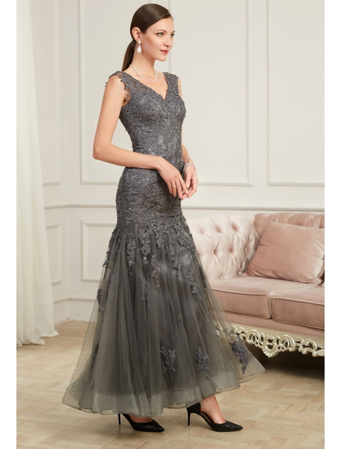 Mermaid / Trumpet Evening Gown Elegant Dress Party Wear Floor Length Sleeveless V Neck Polyester