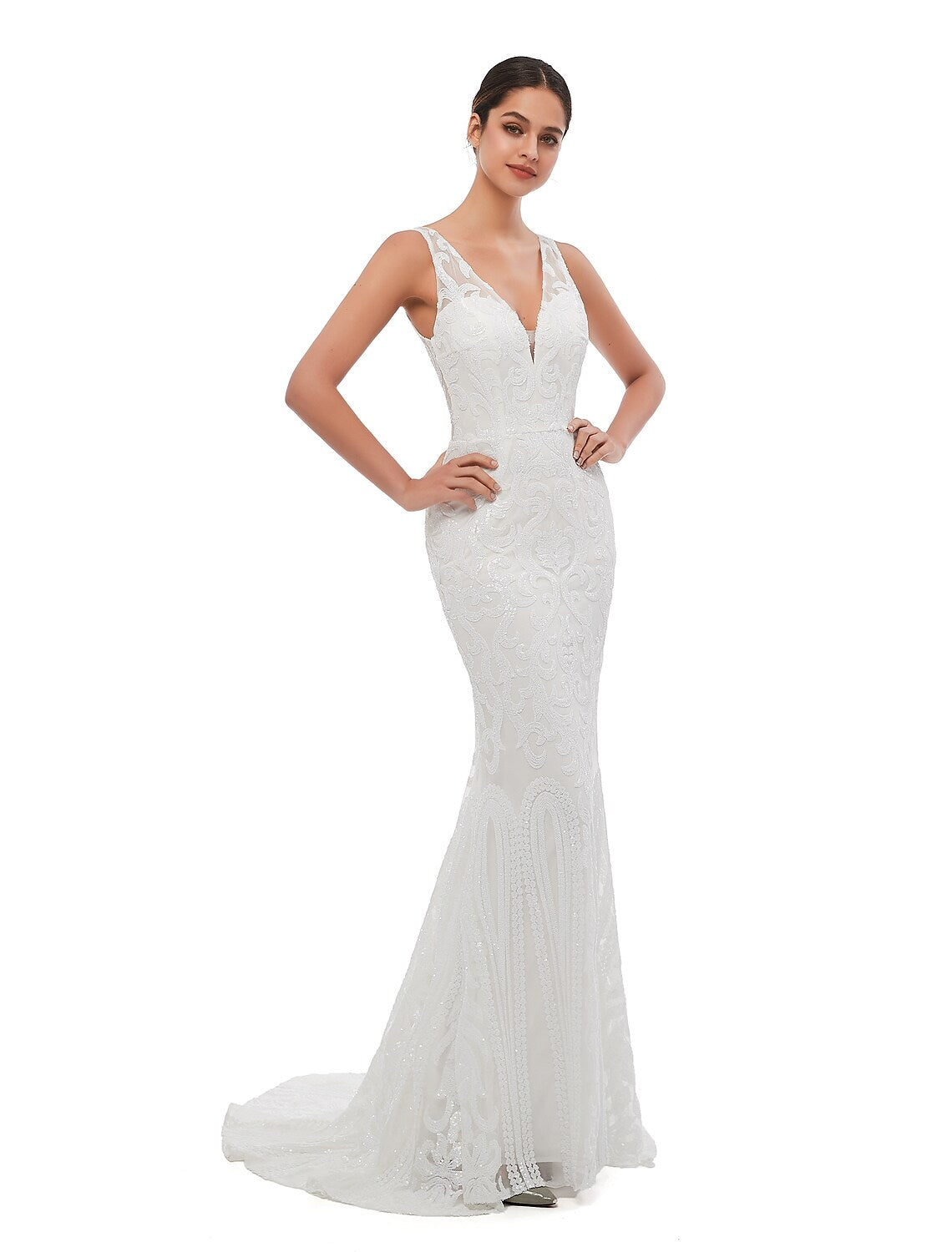 Mermaid / Trumpet Evening Gown Celebrity Style Dress Engagement Court Train Sleeveless V Neck Sequined with Sequin