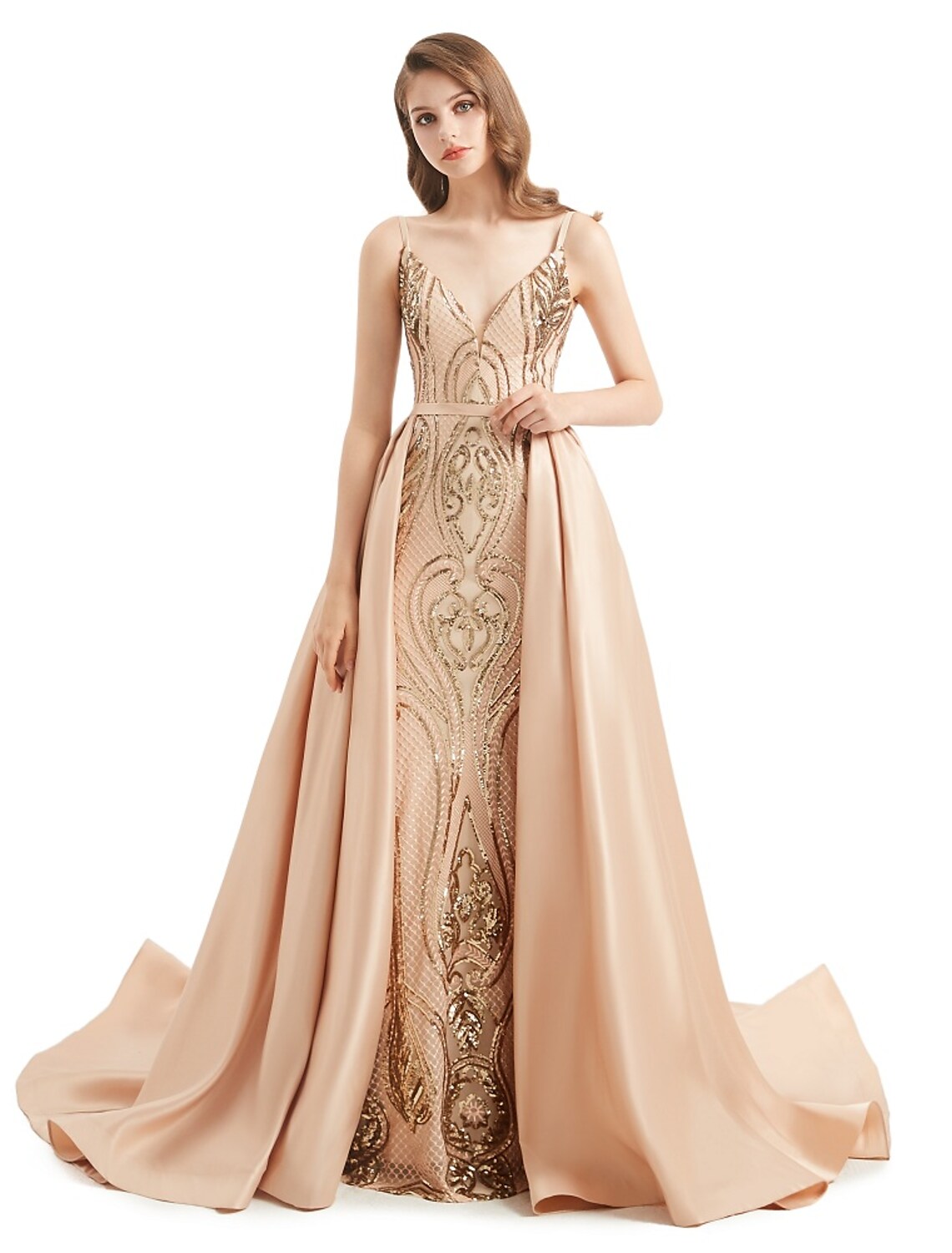 Mermaid / Trumpet Evening Gown Elegant Dress Engagement Detachable Sleeveless V Neck Detachable Sequined