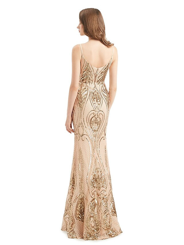 Mermaid / Trumpet Evening Gown Elegant Dress Engagement Detachable Sleeveless V Neck Detachable Sequined