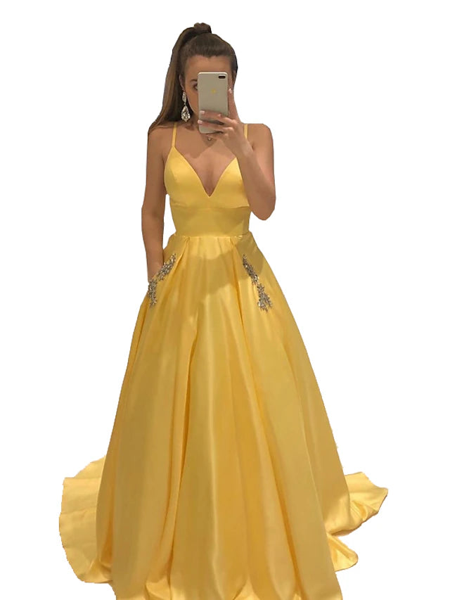 A-Line Evening Gown Open Back Dress Party Wear Sweep / Brush Train Sleeveless V Neck Satin with Crystals
