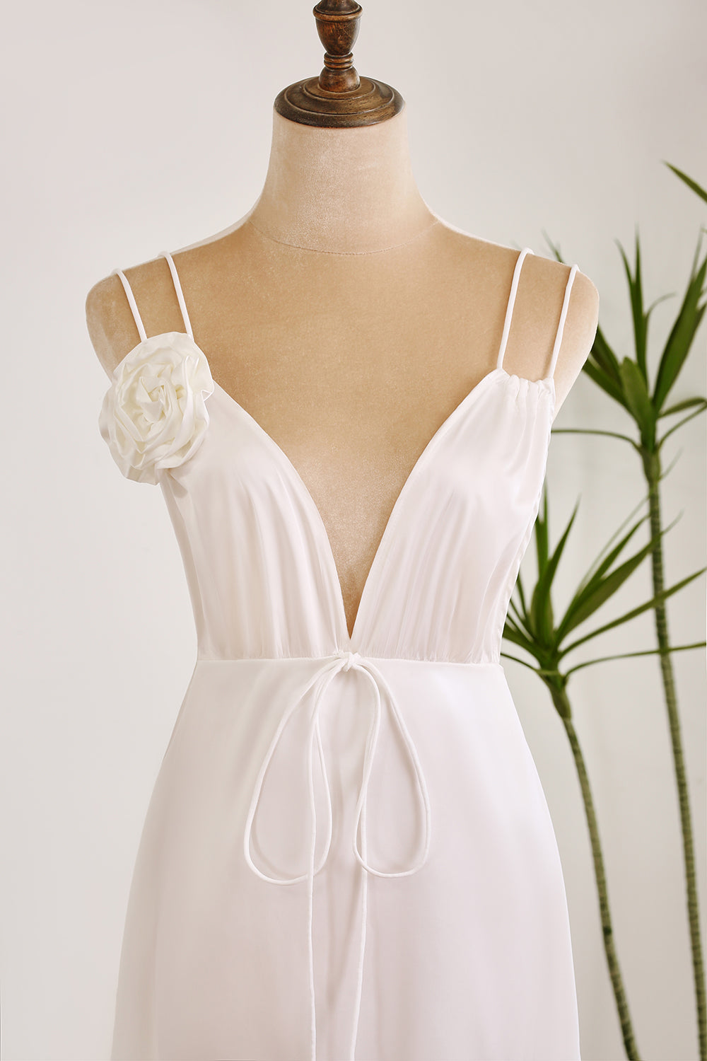 Simulated Silk Satin Deep V Neck Backless Cute White Short Graduation Dress Pure Color