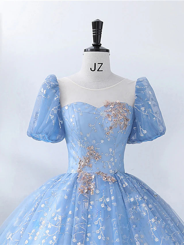 Ball Gown Quinceanera Dresses Princess Dress Performance Floor Length Short Sleeve Square Neck Polyester with Pearls