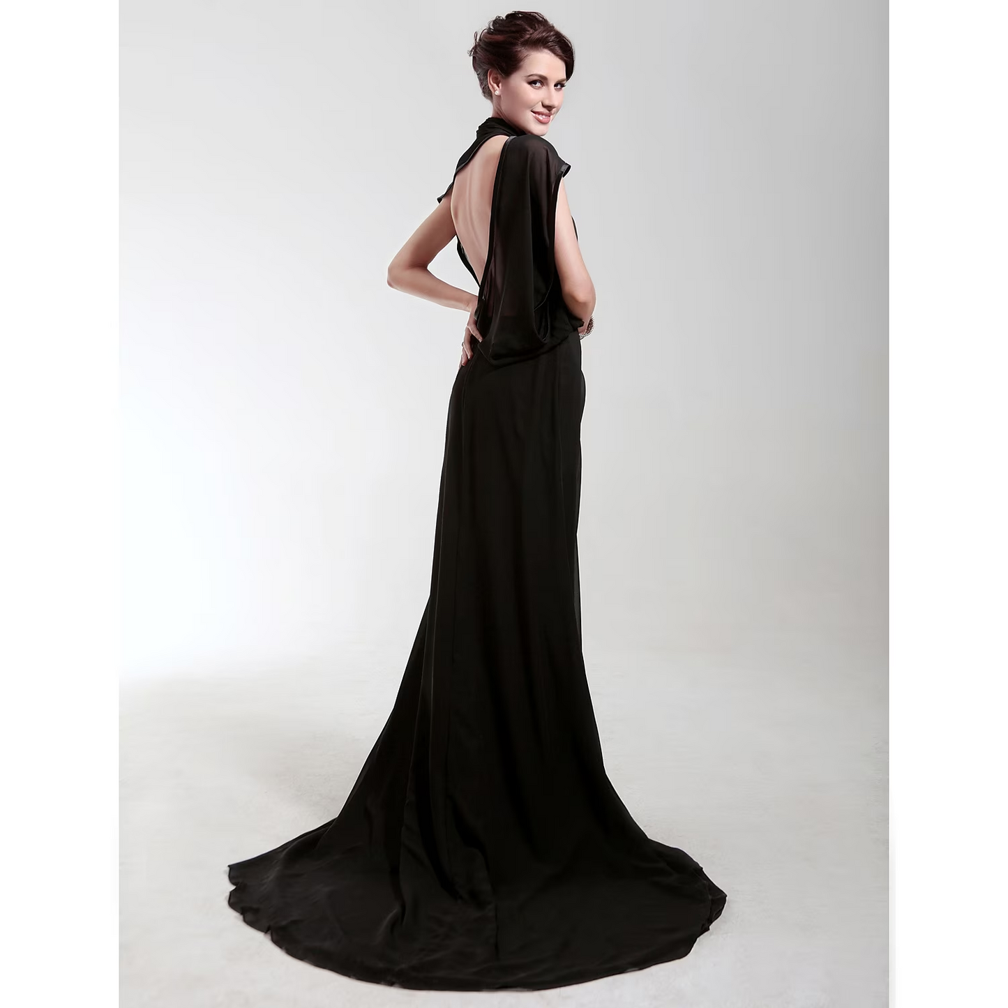Sheath / Column All Celebrity Styles Dress Formal Evening Sweep / Brush Train Short Sleeve High Neck Chiffon