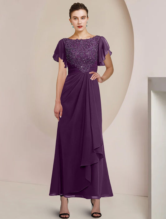 A-Line Mother of the Bride Dress Formal Wedding Guest Elegant Scoop Neck Tea Length Chiffon Lace 3/4 Length Sleeve with Beading