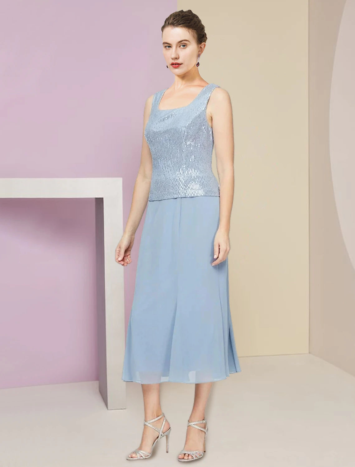 Two Piece A-Line Mother of the Bride Dress Wedding Guest Winter With Jacket 3/4 Sleeve Scoop Neck Tea Length Chiffon Sequined Pleats Sequin Solid Color