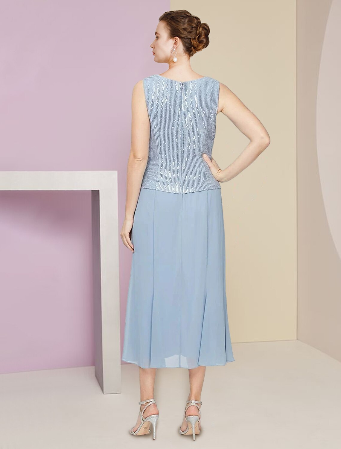 Two Piece A-Line Mother of the Bride Dress Wedding Guest Winter With Jacket 3/4 Sleeve Scoop Neck Tea Length Chiffon Sequined Pleats Sequin Solid Color
