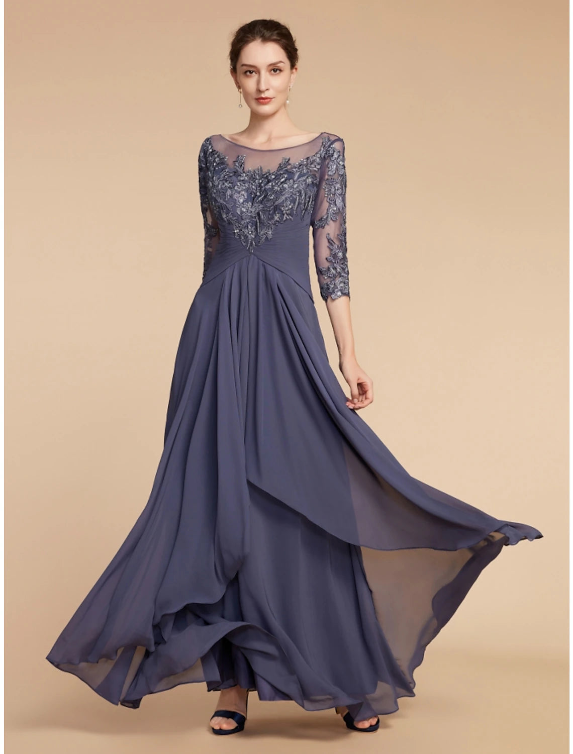 Sheath / Column Mother of the Bride Dress Wedding Guest Elegant Vintage Scoop Neck Ankle Length Chiffon Lace Half Sleeve