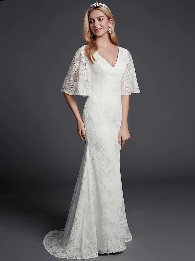 Long Wedding Dresses V Neck Lace Half Sleeve Beautiful Back with Lace