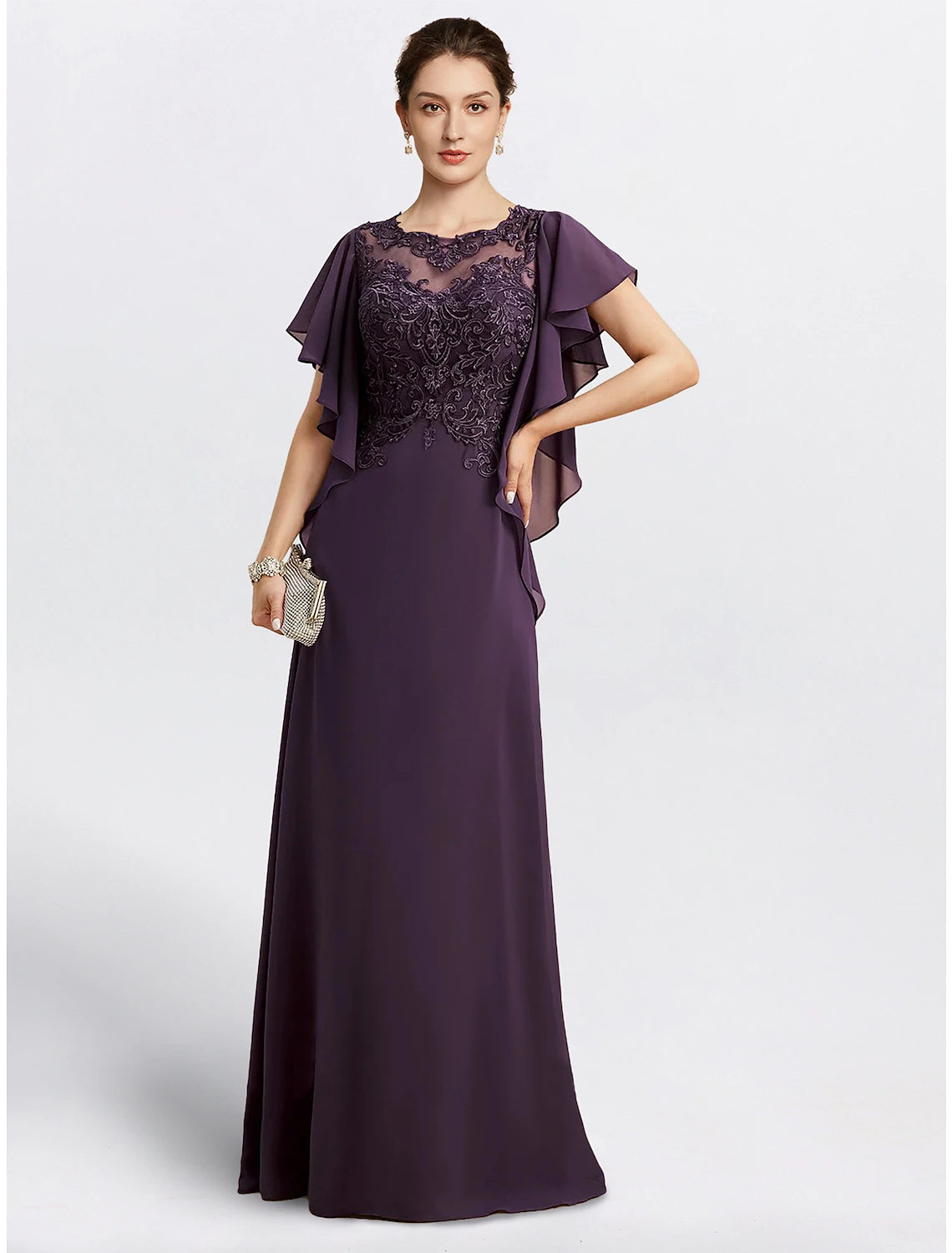 Sheath Mother of the Bride Dress Cape Dress Formal Wedding Guest Elegant Jewel Neck Floor Length Chiffon Short Sleeve