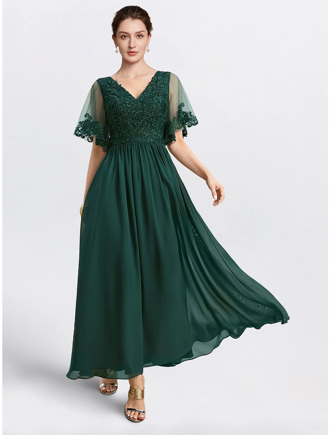 A-Line Mother of the Bride Dress Formal Wedding Guest Elegant Cape Dress V Neck Tea Length Chiffon Short Sleeve
