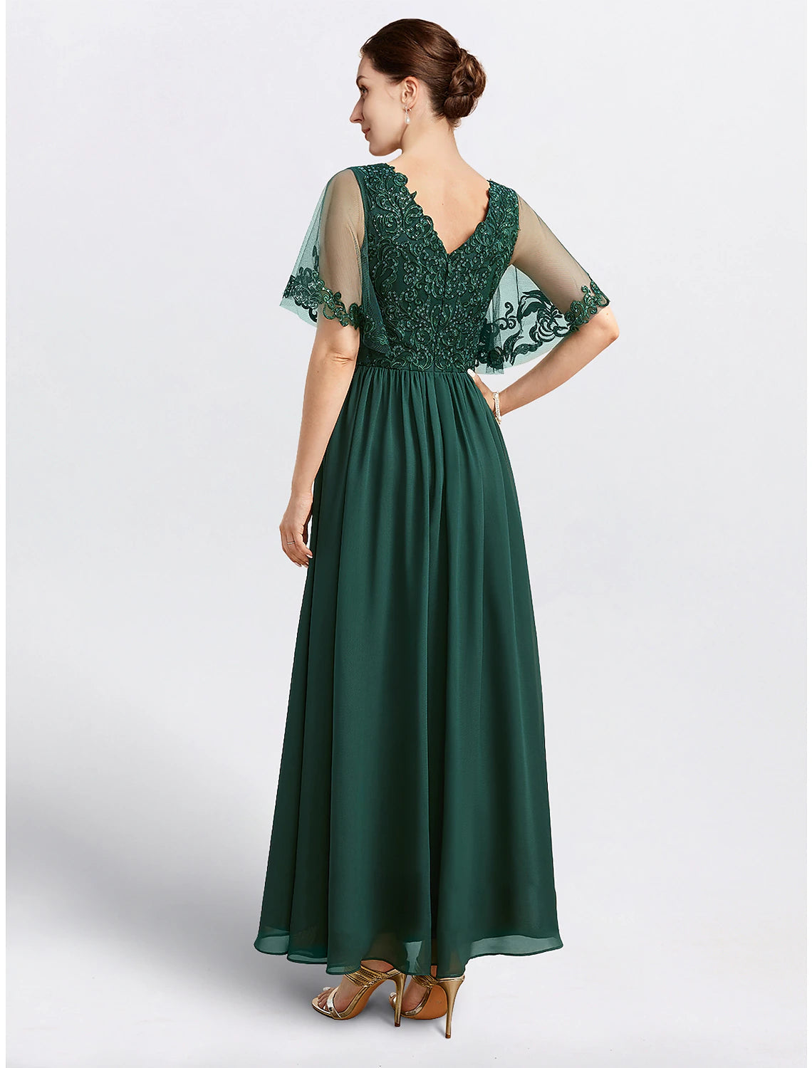 A-Line Mother of the Bride Dress Formal Wedding Guest Elegant Cape Dress V Neck Tea Length Chiffon Short Sleeve