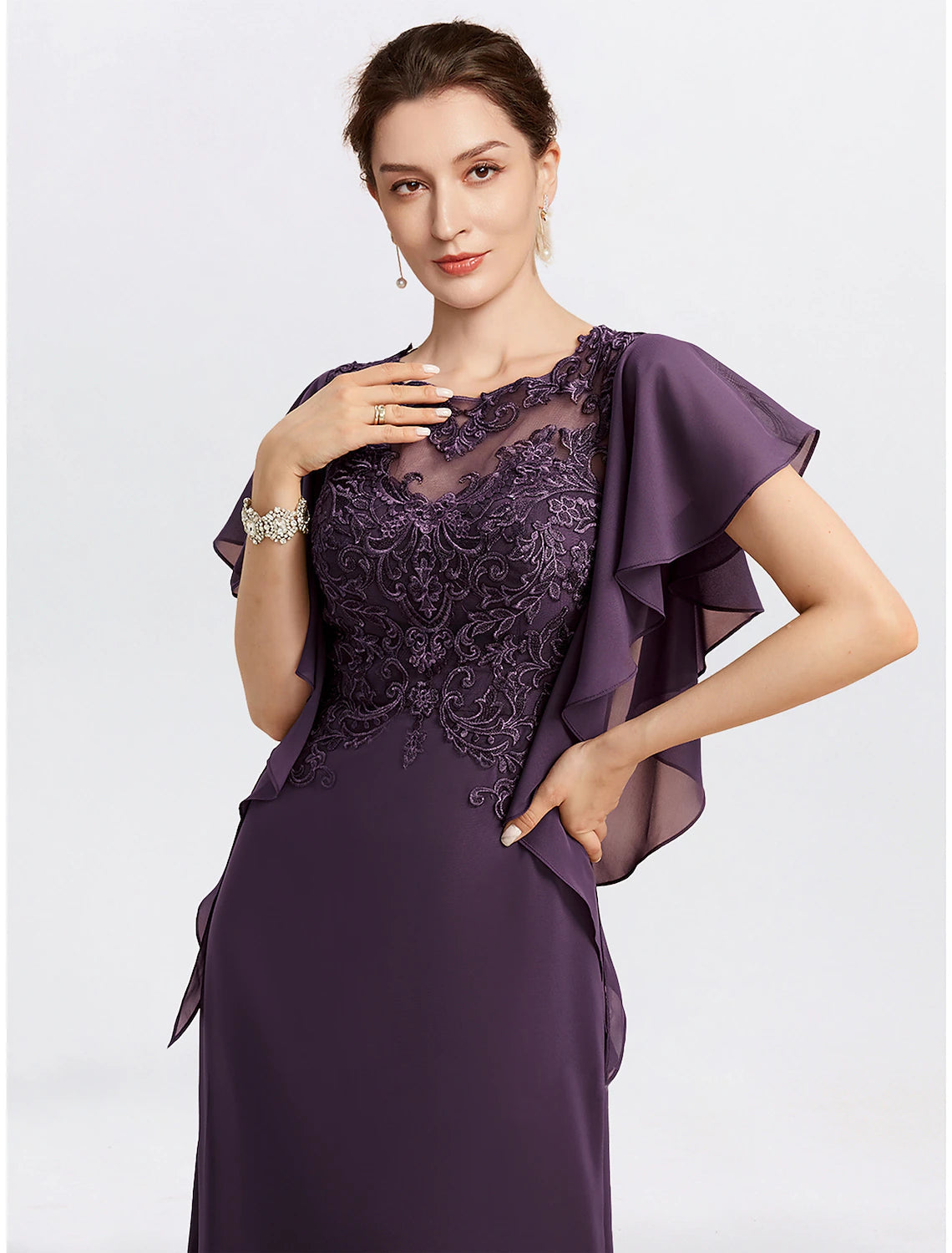 Sheath Mother of the Bride Dress Cape Dress Formal Wedding Guest Elegant Jewel Neck Floor Length Chiffon Short Sleeve