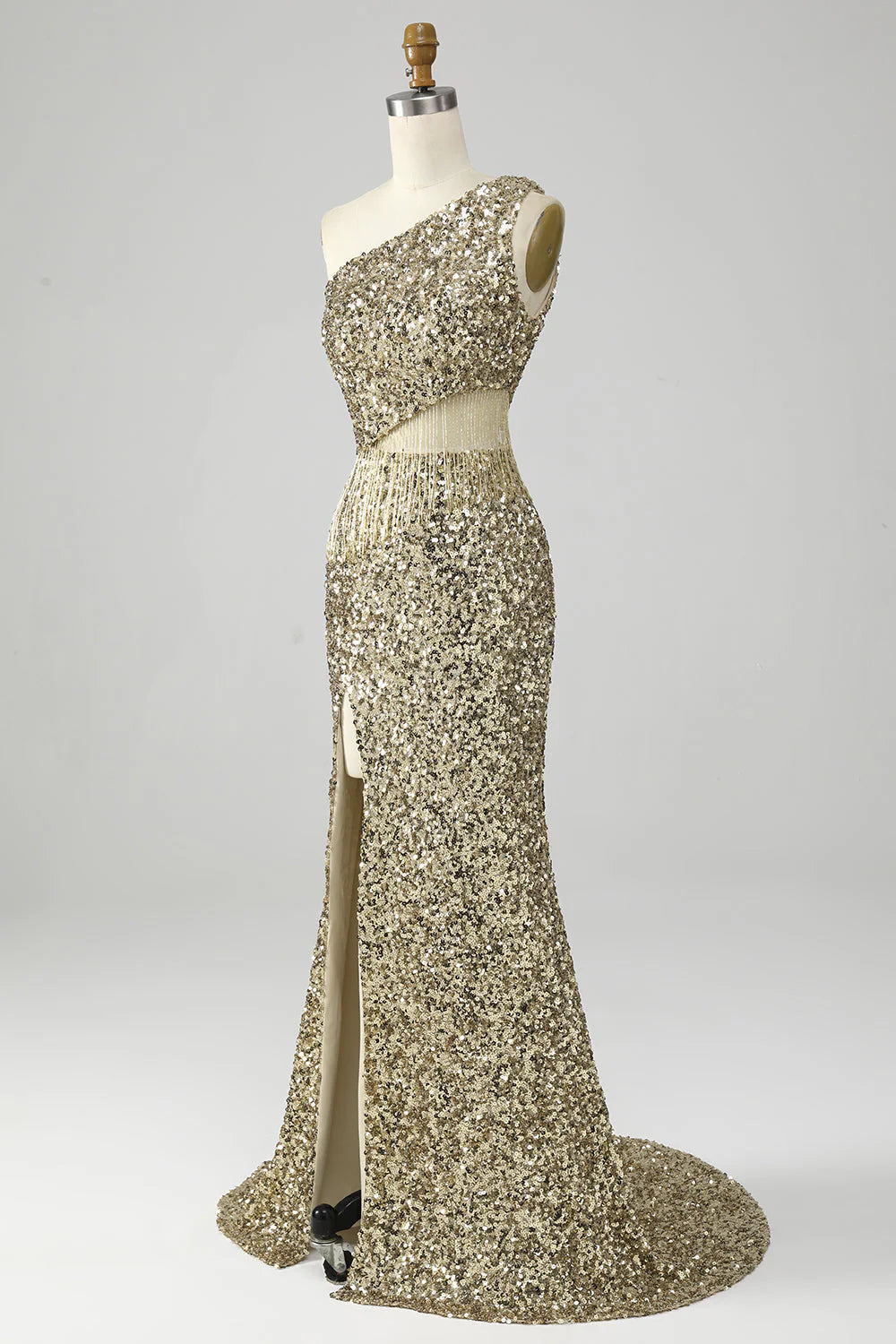 One Shoulder Fringe Sequin Prom Dress With Slit Sparkly Sexy