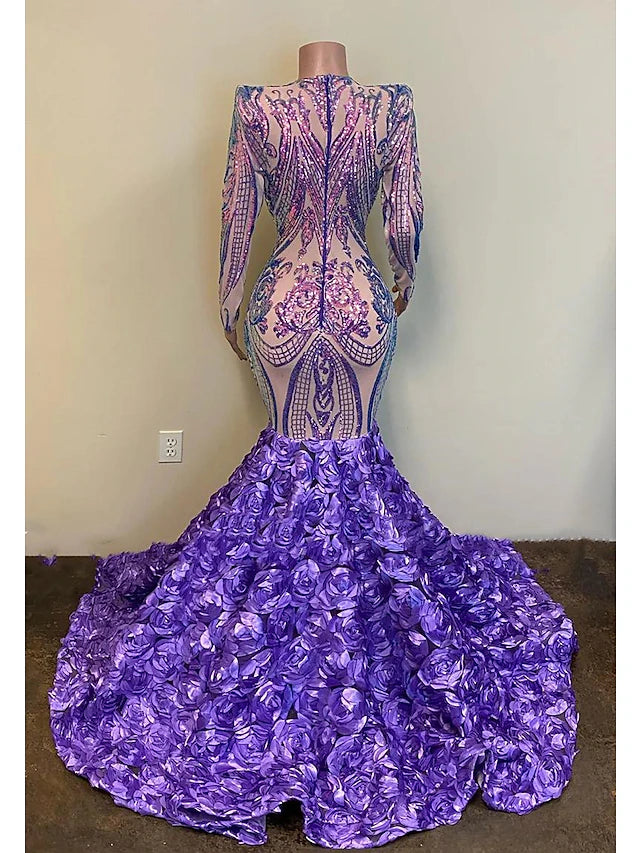 Mermaid / Trumpet Evening Gown Floral Dress Formal Court Train Long Sleeve V Neck African American Sequined