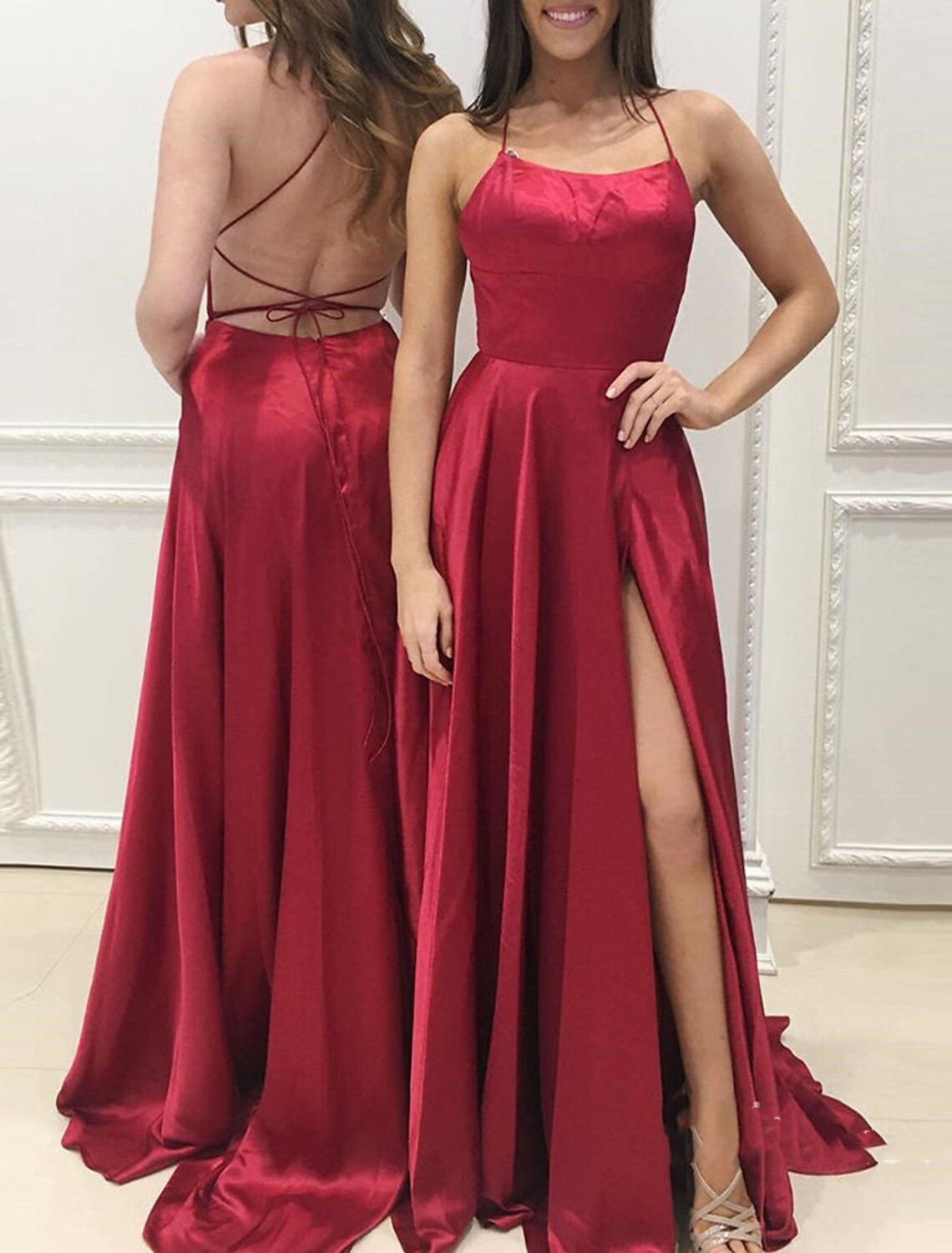 A-Line Evening Gown Sexy Dress Formal Sweep / Brush Train Sleeveless Spaghetti Strap Charmeuse with Slit Pure Color