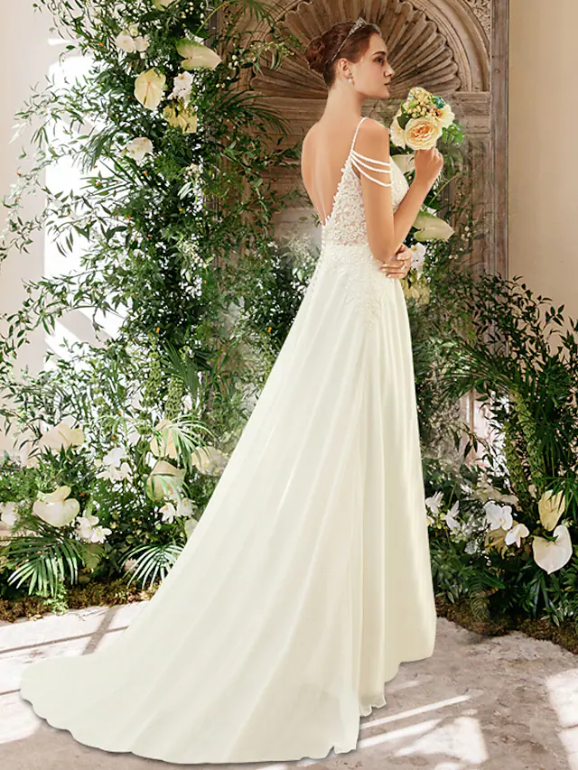 A-Line Wedding Dresses Sweetheart Neckline Spaghetti Strap Chiffon Lace Sleeveless Simple Sexy with Beading Appliques