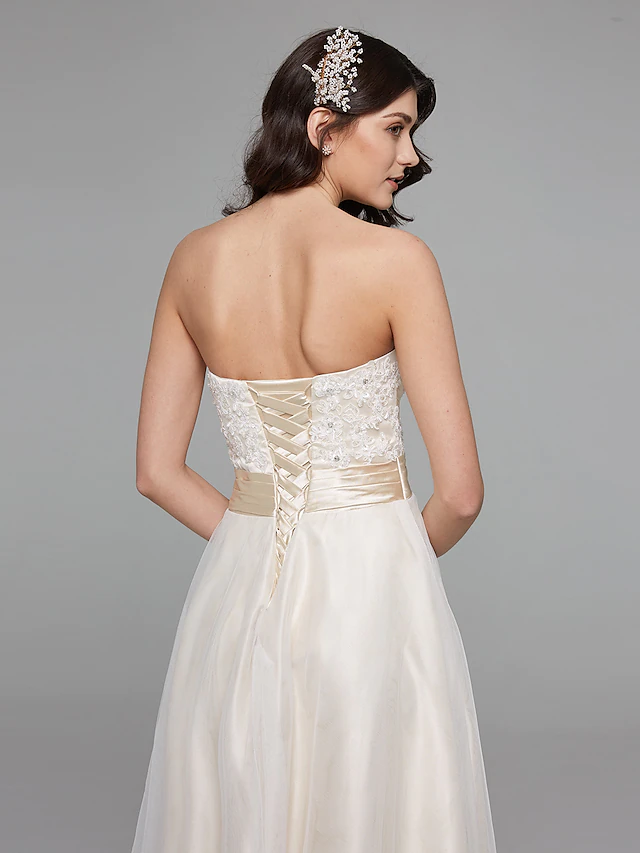 A-Line Wedding Dresses Sweetheart Neckline Asymmetrical Satin Floral Lace Strapless Simple Plus Size with Bowknot Sash Ribbon
