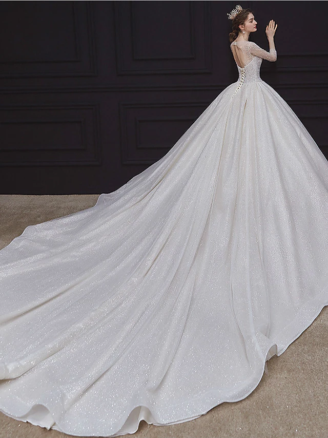Princess Ball Gown Wedding Dresses Jewel Neck Chapel Train Lace Tulle Sequined Long Sleeve Formal Romantic Luxurious Sparkle & Shine
