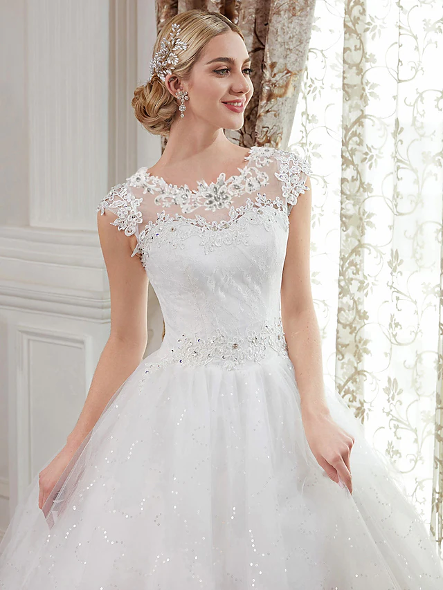 Ball Gown Wedding Dresses Jewel Neck Floor Length Lace Over Tulle Cap Sleeve Romantic Illusion Detail with Beading