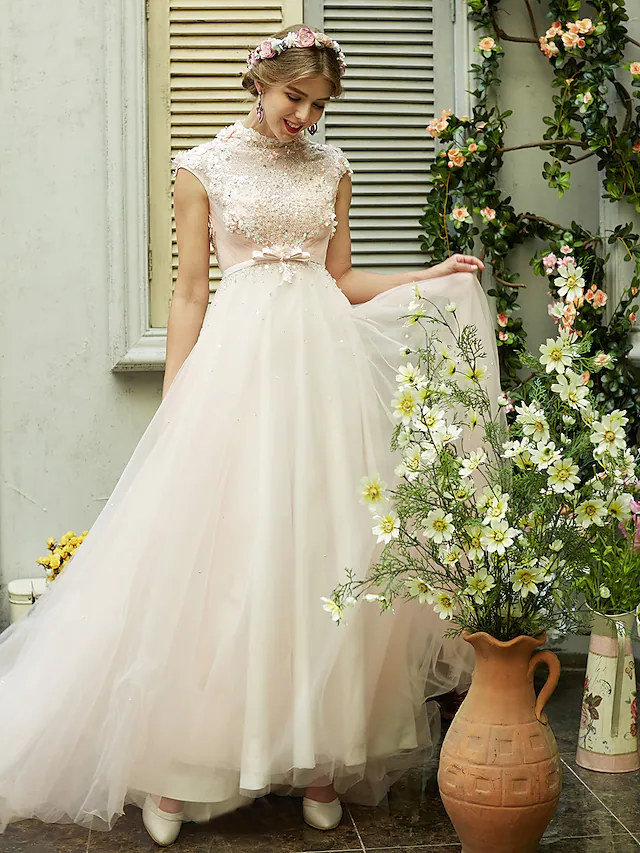 A-Line Wedding Dresses High Neck Sweep Brush Train Tulle Short Sleeve Open Back with Bowknot Sash Ribbon